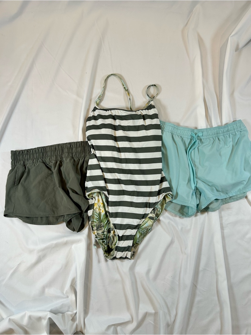 Reversible Striped One-Piece Swimsuit with Green and White Stripes with shorts